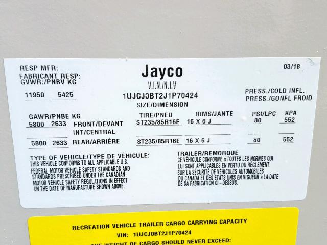 1UJCJ0BT2J1P70424 - 2018 JAYCO EAGLE  BEIGE photo 10