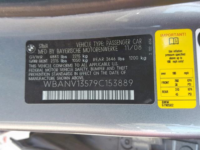 WBANV13579C153889 - 2009 BMW 528 XI GRAY photo 10