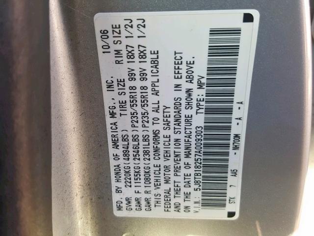 5J8TB18257A009303 - 2007 ACURA RDX SILVER photo 10