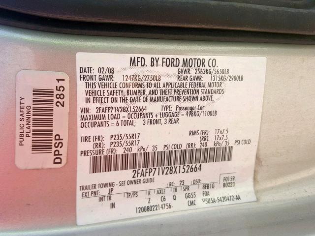 2FAFP71V28X152664 - 2008 FORD CROWN VICT SILVER photo 10