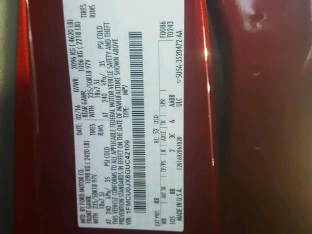 1FMCU0JX8GUC42109 - 2016 FORD ESCAPE TIT RED photo 10