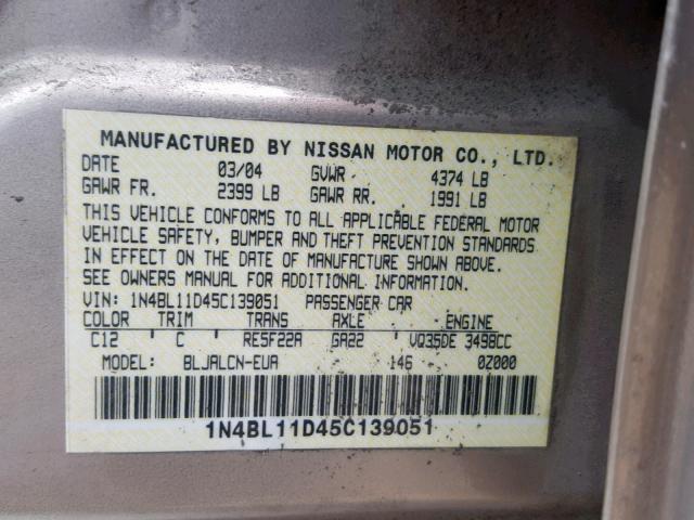 1N4BL11D45C139051 - 2005 NISSAN ALTIMA SE BEIGE photo 10