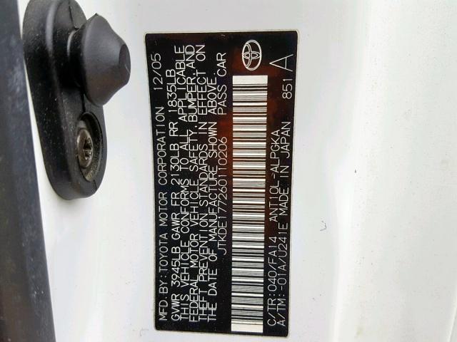 JTKDE177260110206 - 2006 TOYOTA SCION TC WHITE photo 10