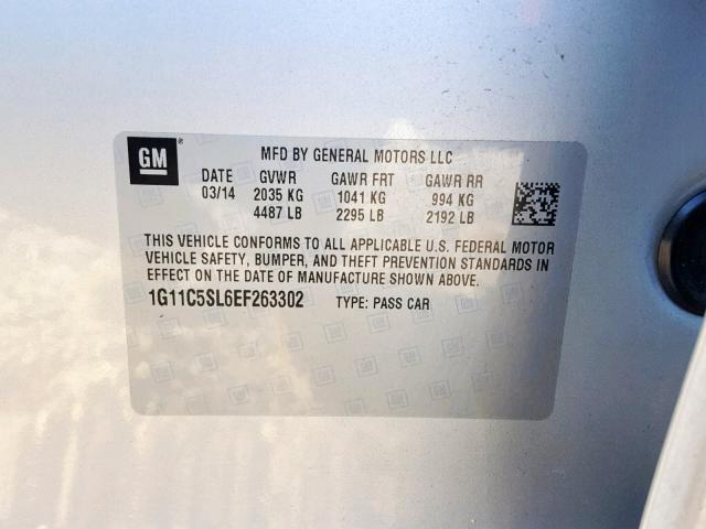 1G11C5SL6EF263302 - 2014 CHEVROLET MALIBU 1LT 银色 照片 10