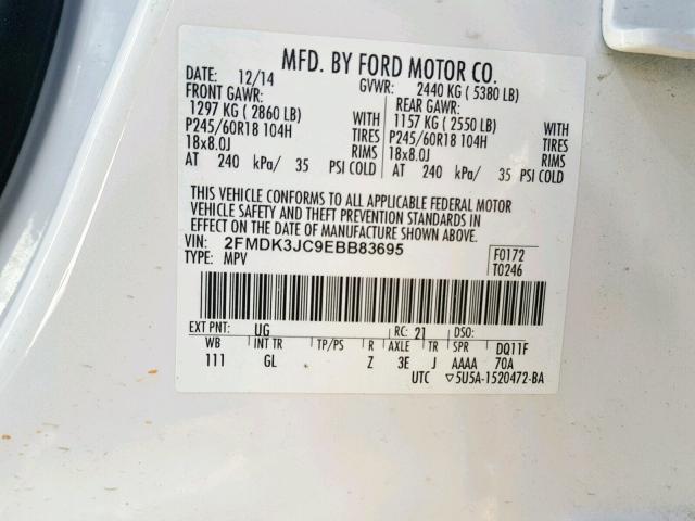 2FMDK3JC9EBB83695 - 2014 FORD EDGE SEL WHITE photo 10