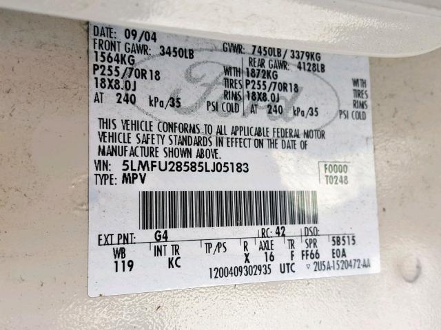 5LMFU28585LJ05183 - 2005 LINCOLN NAVIGATOR 白色 照片 10