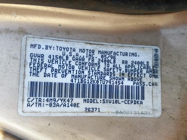 4T1BG12K0TU791454 - 1996 TOYOTA CAMRY DX TAN photo 10