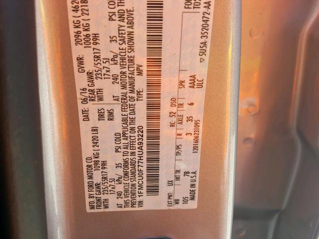 1FMCU0F77HUA93220 - 2017 FORD ESCAPE S SILVER photo 10