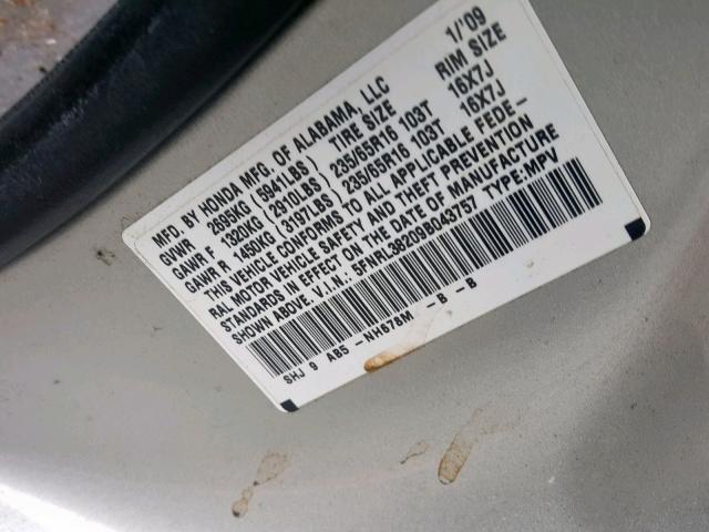 5FNRL38209B043757 - 2009 HONDA ODYSSEY LX SILVER photo 10