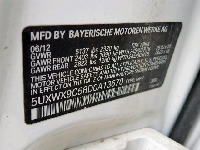 5UXWX9C58D0A13670 - 2013 BMW X3 XDRIVE2 WHITE photo 10