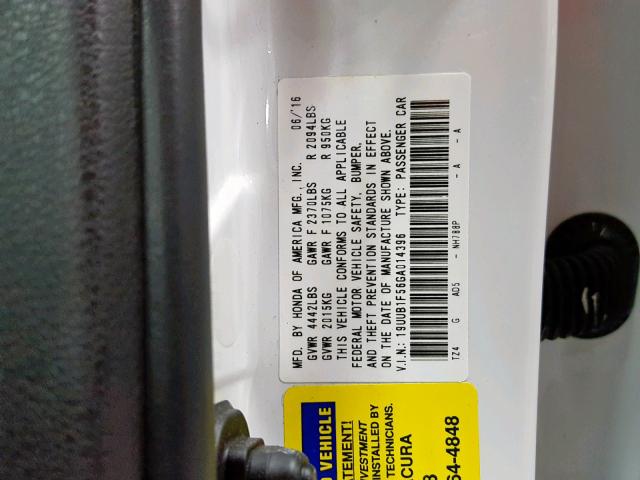 19UUB1F56GA014396 - 2016 ACURA TLX TECH WHITE photo 10
