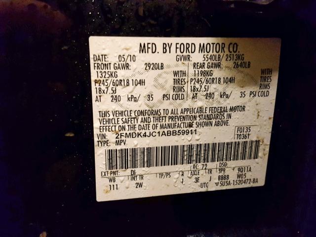 2FMDK4JC1ABB59911 - 2010 FORD EDGE SEL BLUE photo 10