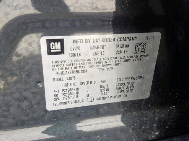 KL4CJASB7HB074881 - 2017 BUICK ENCORE PRE CHARCOAL photo 10