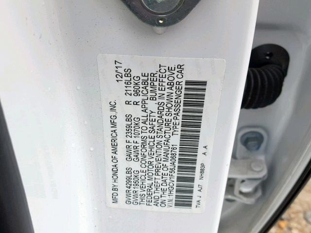 1HGCV1F56JA068761 - 2018 HONDA ACCORD EXL WHITE photo 10