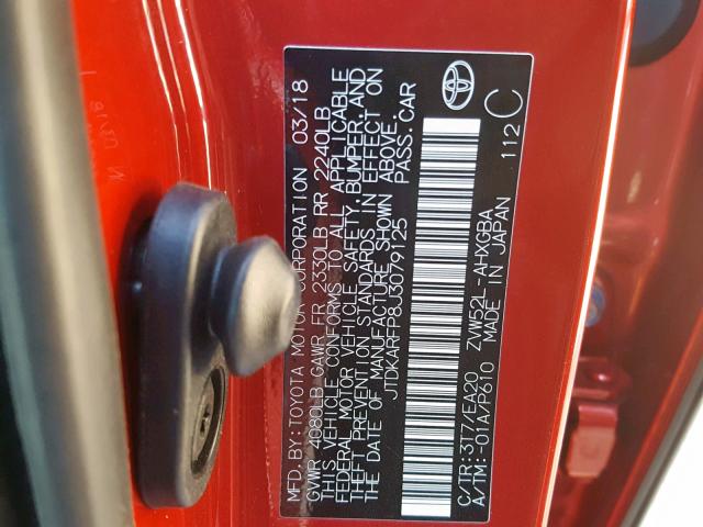 JTDKARFP8J3079125 - 2018 TOYOTA PRIUS PRIM 红色 照片 10