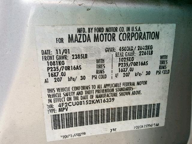 4F2CU08152KM16339 - 2002 MAZDA TRIBUTE LX SILVER photo 10