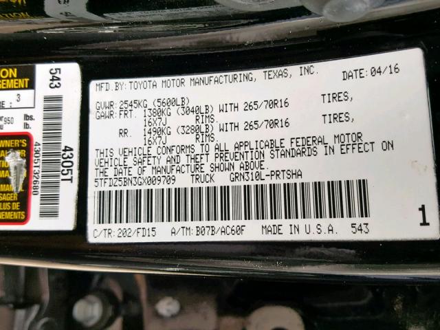 5TFDZ5BN3GX009709 - 2016 TOYOTA TACOMA DOU BLACK photo 10