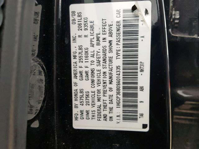 1HGCP36809A014335 - 2009 HONDA ACCORD EXL BLACK photo 10