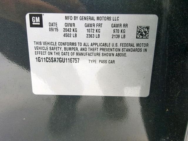 1G11C5SA7GU116757 - 2016 CHEVROLET MALIBU LIM CHARCOAL photo 10