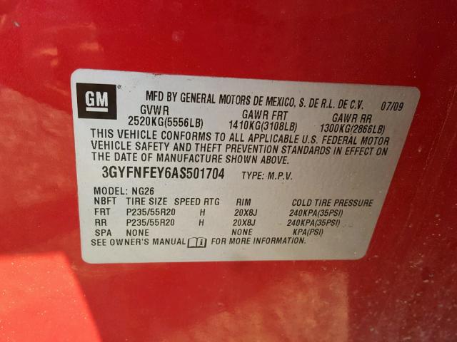 3GYFNFEY6AS501704 - 2010 CADILLAC SRX PREMIU RED photo 10