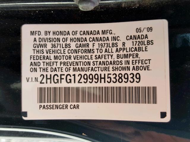 2HGFG12999H538939 - 2009 HONDA CIVIC EXL BLACK photo 10