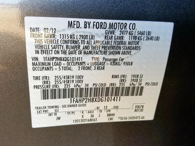 1FAHP2H8XDG101411 - 2013 FORD TAURUS SEL GRAY photo 10