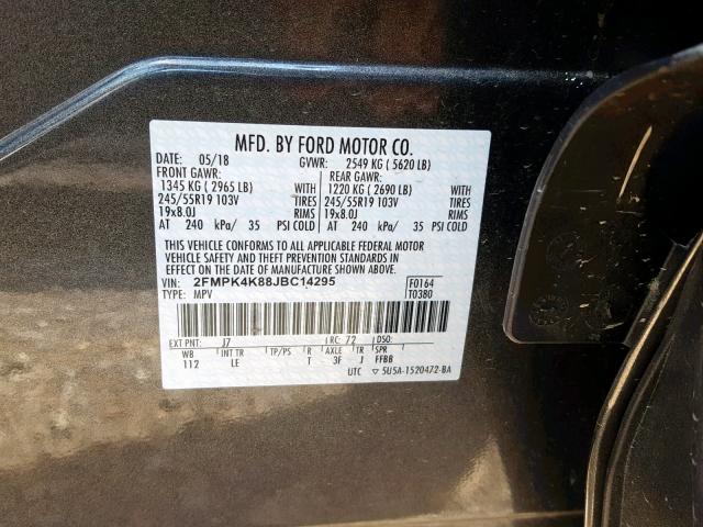 2FMPK4K88JBC14295 - 2018 FORD EDGE TITAN GRAY photo 10