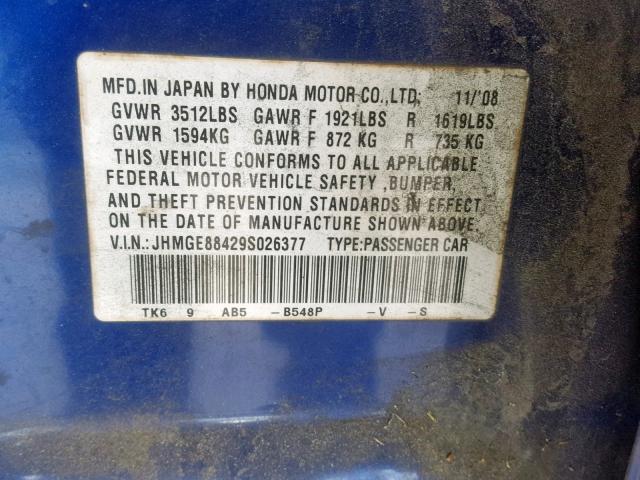 JHMGE88429S026377 - 2009 HONDA FIT SPORT BLUE photo 10