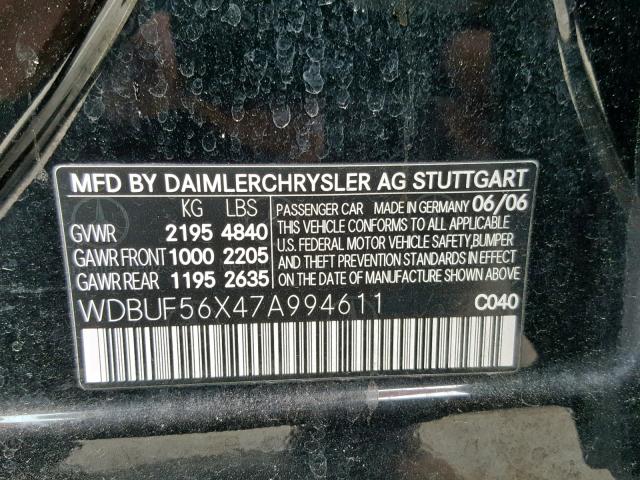 WDBUF56X47A994611 - 2007 MERCEDES-BENZ E 350 BLACK photo 10