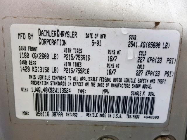 1J4GL48K92W113524 - 2002 JEEP LIBERTY SP SILVER photo 10