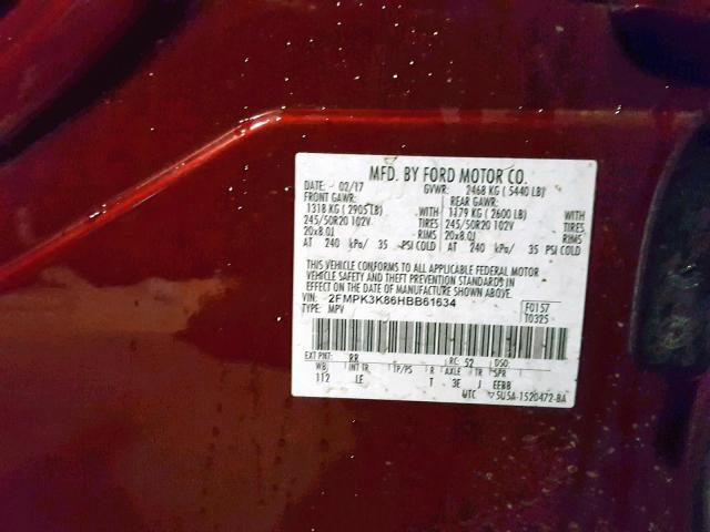 2FMPK3K86HBB61634 - 2017 FORD EDGE TITAN MAROON photo 10