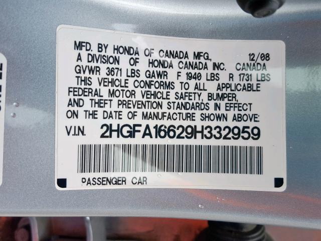 2HGFA16629H332959 - 2009 HONDA CIVIC LX-S SILVER photo 10