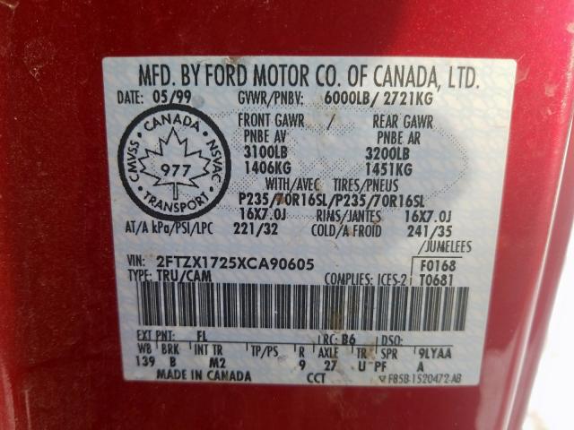 2FTZX1725XCA90605 - 1999 FORD F150  photo 10