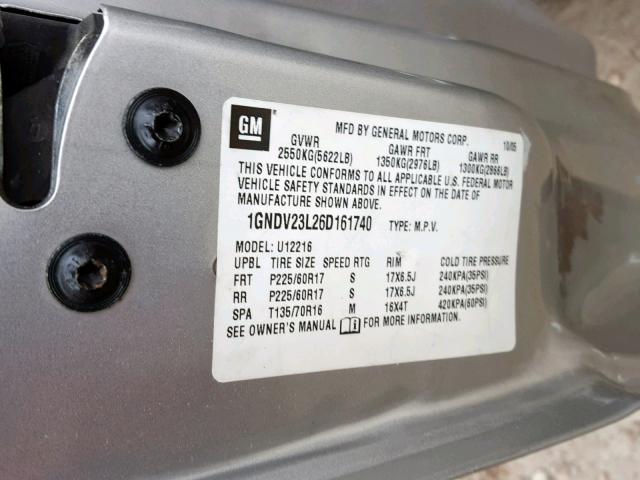 1GNDV23L26D161740 - 2006 CHEVROLET UPLANDER L 银色 照片 10