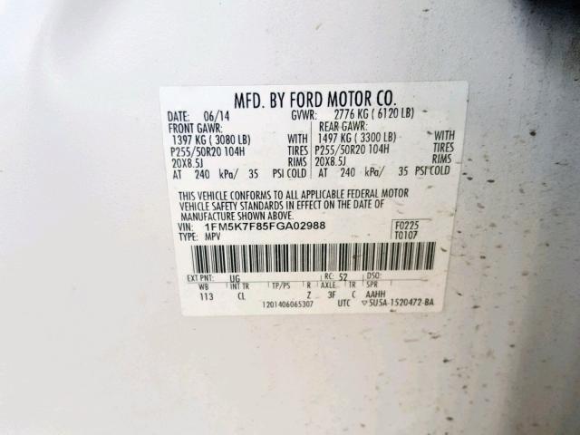 1FM5K7F85FGA02988 - 2015 FORD EXPLORER L WHITE photo 10