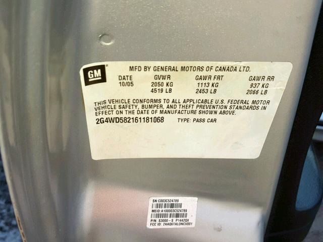 2G4WD582161181068 - 2006 BUICK LACROSSE C GRAY photo 10