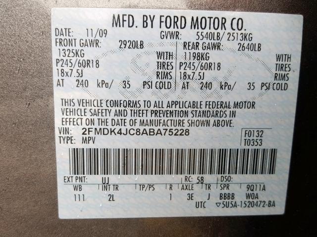 2FMDK4JC8ABA75228 - 2010 FORD EDGE SEL CHARCOAL photo 10