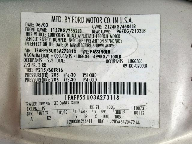 1FAFP55U03A273118 - 2003 FORD TAURUS SES SILVER photo 10