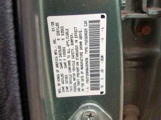 1HGCP268X8A065656 - 2008 HONDA ACCORD EXL GREEN photo 10