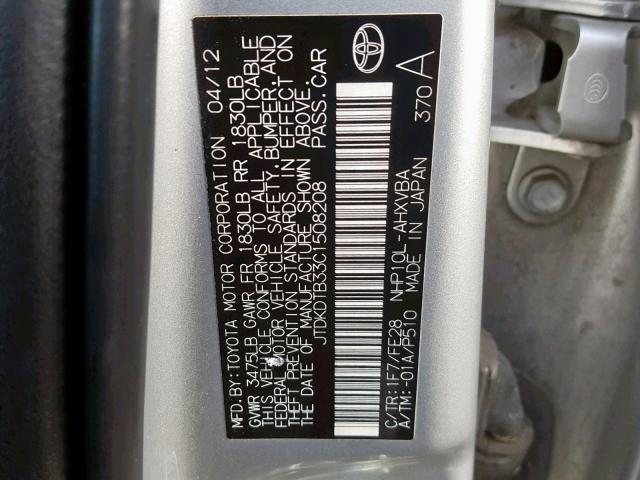 JTDKDTB33C1508208 - 2012 TOYOTA PRIUS C SILVER photo 10