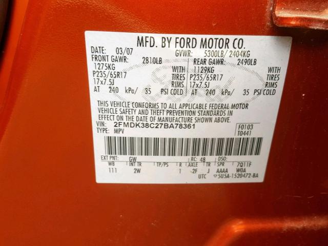 2FMDK38C27BA78361 - 2007 FORD EDGE SEL ORANGE photo 10