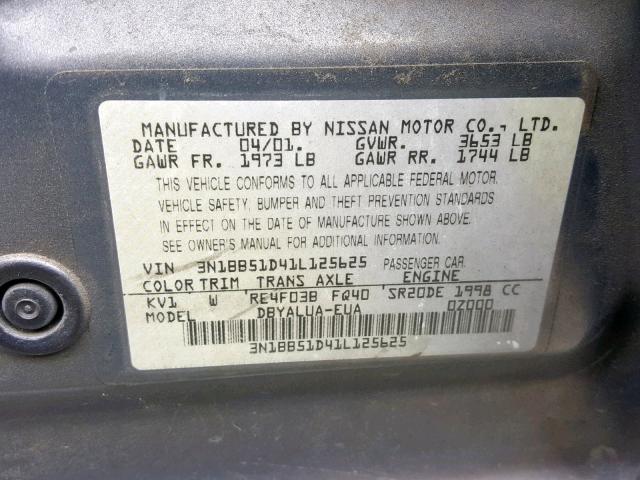 3N1BB51D41L125625 - 2001 NISSAN SENTRA SE GRAY photo 10