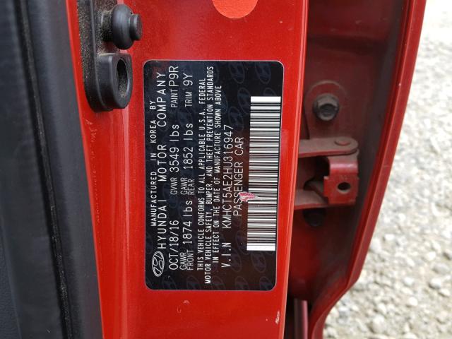 KMHCT5AE2HU316947 - 2017 HYUNDAI ACCENT SE RED photo 10