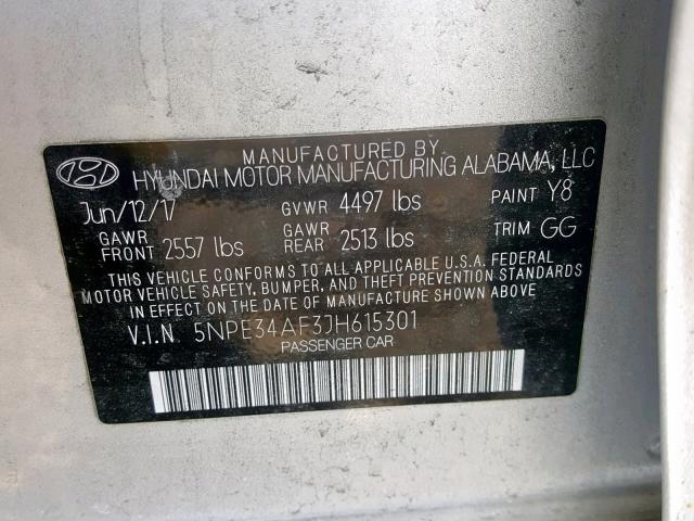 5NPE34AF3JH615301 - 2018 HYUNDAI SONATA SPO SILVER photo 10