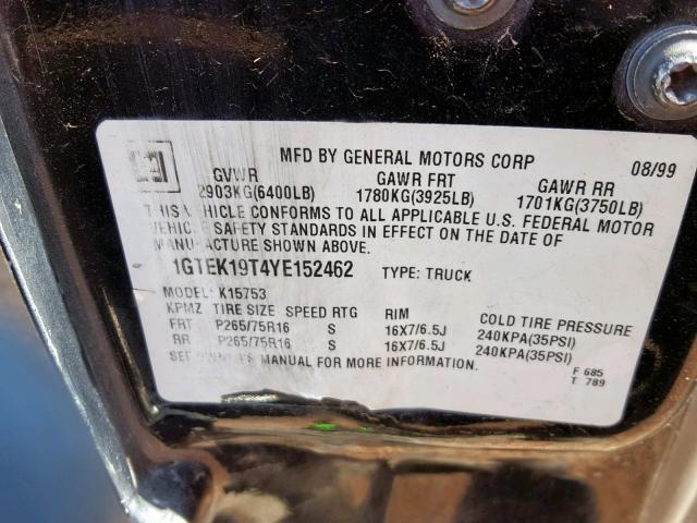 1GTEK19T4YE152462 - 2000 GMC NEW SIERRA BLACK photo 10