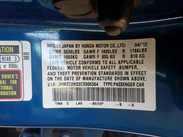 JHMZE2H33CS005364 - 2012 HONDA INSIGHT BLUE photo 10