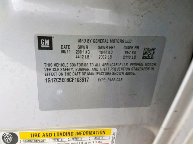 1G1ZC5E08CF103617 - 2012 CHEVROLET MALIBU 1LT SILVER photo 10