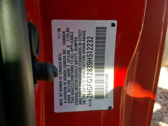 2HGFG12839H512232 - 2009 HONDA CIVIC EX RED photo 10