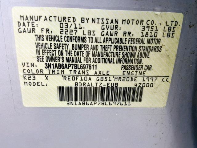 3N1AB6AP7BL697611 - 2011 NISSAN SENTRA 2.0 SILVER photo 10