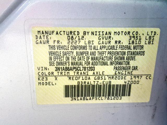 3N1AB6AP5CL781203 - 2012 NISSAN SENTRA 2.0 SILVER photo 10